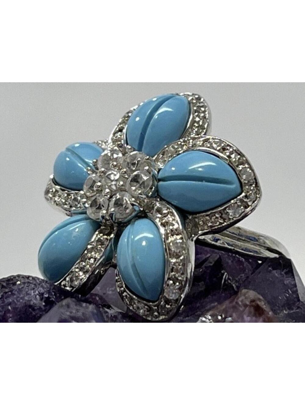 EUC Sterling Silver 925 Turquoise and White Topaz Flower Cocktail Ring, Size 6